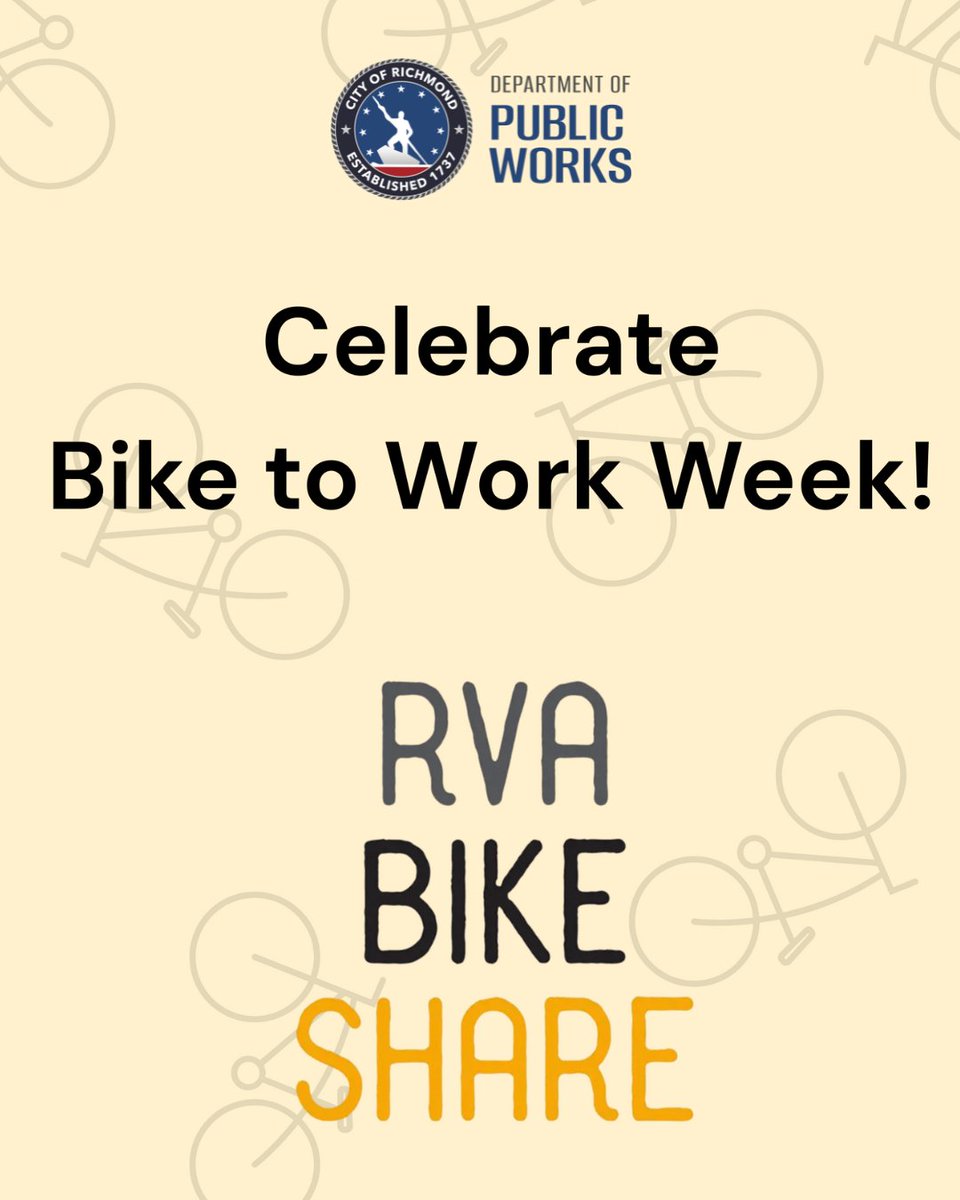 Richmond VA DPW (@dpw_richmondva) on Twitter photo RVA Bikeshare celebrates #NationalBiketoWorkWeek (May 12-18) w/a special daily promo code (available on social media) to the first 50 registered riders unlocking a free 45-minute ride! Follow <a href="/RVABikeShare/">RVA Bike Share</a> or Instagram @rvabike_share to get the code. Info: bit.ly/4jIFRex RVA Bikeshare celebrates #NationalBiketoWorkWeek (May 12-18) w/a special daily promo code (available on social media) to the first 50 registered riders unlocking a free 45-minute ride! Follow <a href="/RVABikeShare/">RVA Bike Share</a> or Instagram @rvabike_share to get the code. Info: bit.ly/4jIFRex