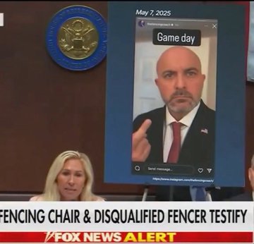 lisakrstin's tweet photo. #DemsUnited #DemVoice1 
MTG &amp; Nancy Mace posted this picture of Fencing Chair Damien Lehfeldt appearing to flip the committee the finger when in reality, he was giving the peace sign.  They cropped that out.
This is the whole "trans in fencing" ridiculous sideshow. https://t.co/8DUOtcwkIs