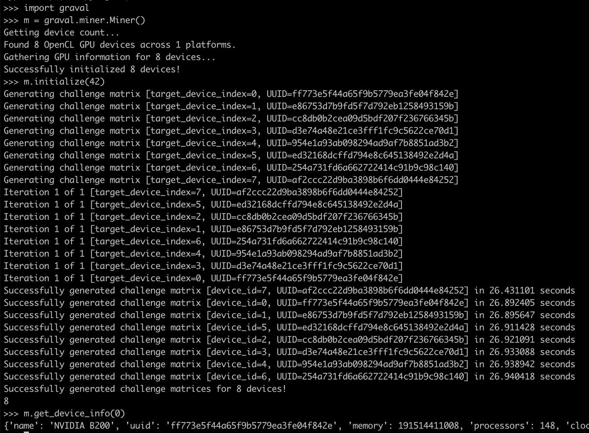 Putting the final touches on the new GPU validation lib to support AMD MI3xx and B200 GPUs...
CUDA is quite nice, CLBlast/OpenCL is not as fun to work with TBH, and much slower.
What should we do with B200s on chutes first? FP4 DeepSeek turbo mode?