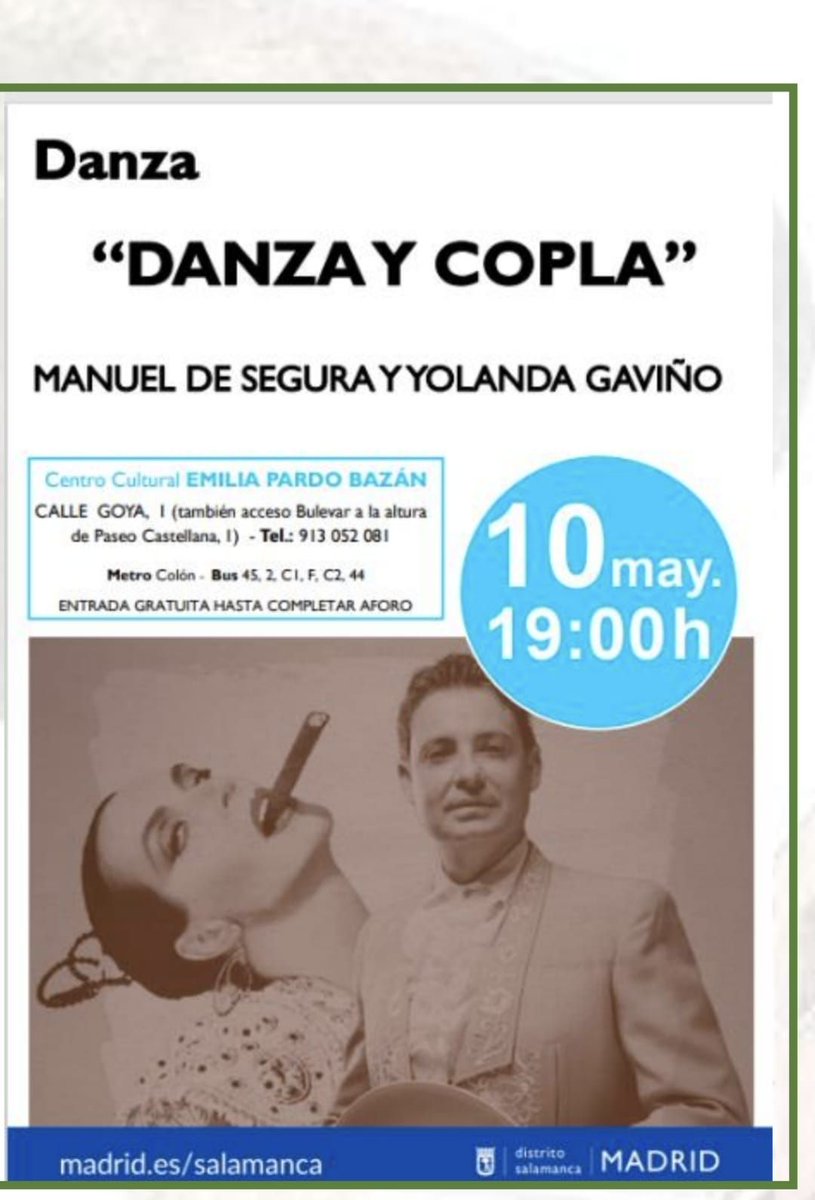 FIESTAS DE SAN ISIDRO. MADRID 2025

Centro Cultural Emilia Pardo Bazan
10 Mayo a las 19:00h.
Calle Goya,1 A (Madrid)
Manuel de Segura
Yolanda Gaviño