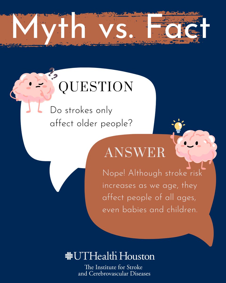 Let's bust some myths! Did you know strokes don't only affect older people? They affect all people regardless of age. Learn more and stay informed. 

#StrokeAwarenessMonth #MythBusting
