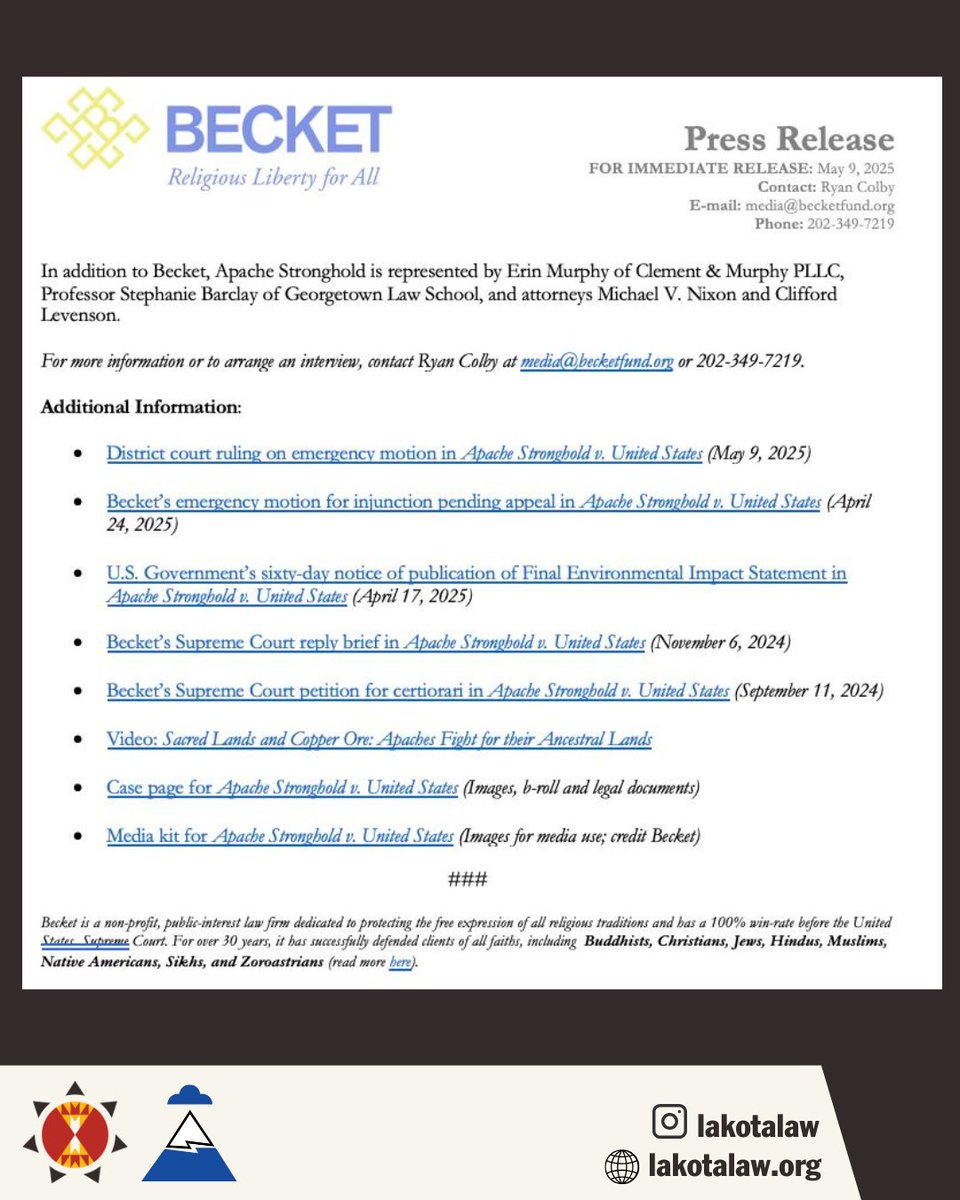 🚨BREAKING: A federal court just stopped the U.S. from handing #OakFlat to a foreign mining giant — a major win for #ApacheStronghold. 
The sacred site is safe -- for now -- but the case hangs in the balance at #SCOTUS. 
becketfund.org/media/breaking…
<a href="/ProtectOakFlat/">Apache Stronghold</a> 
Via <a href="/becketfund/">BECKET</a>