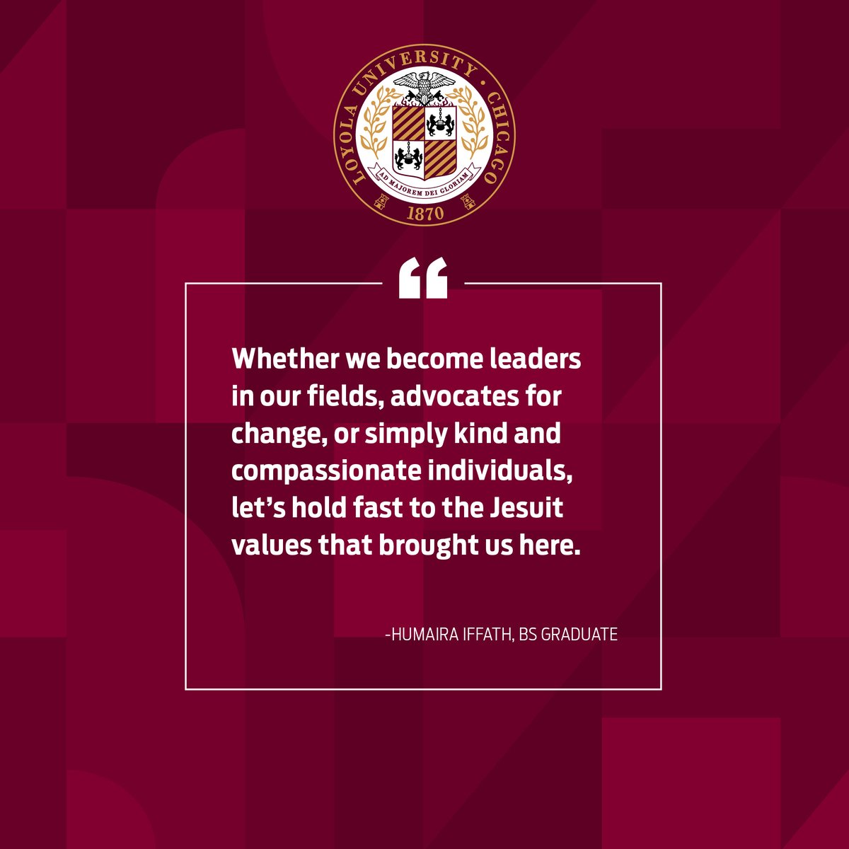 Humaira Iffath (BS '25, Biology) reminds her graduating class to lead with purpose and a deep sense of integrity. Class of 2025, we can't wait to witness how you reflect Loyola's mission in your journey ahead. 🐺🎉