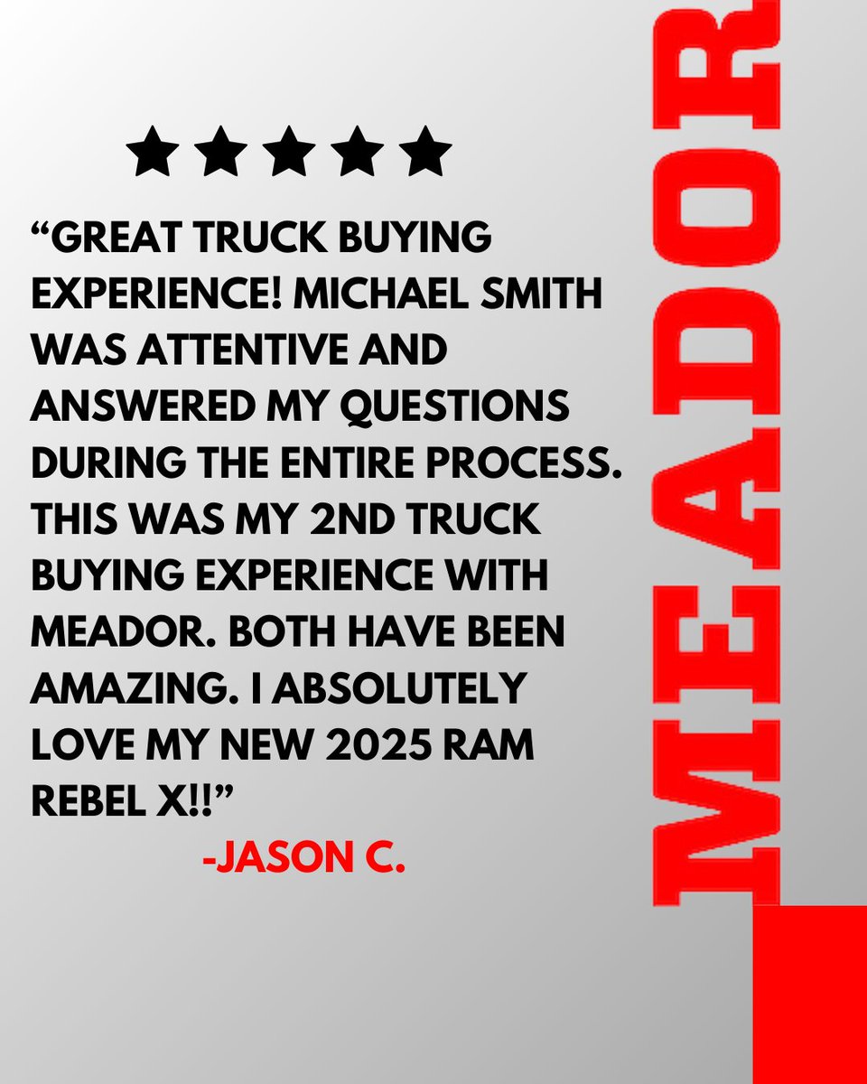 MeadorCDJR's tweet photo. We take great pride in providing exceptional service and your satisfaction is our ultimate goal! Stop by Meador for your very own 5-star experience!⭐

#HappyCustomer #5StarService #CustomerService https://t.co/qmq7zgnBA2