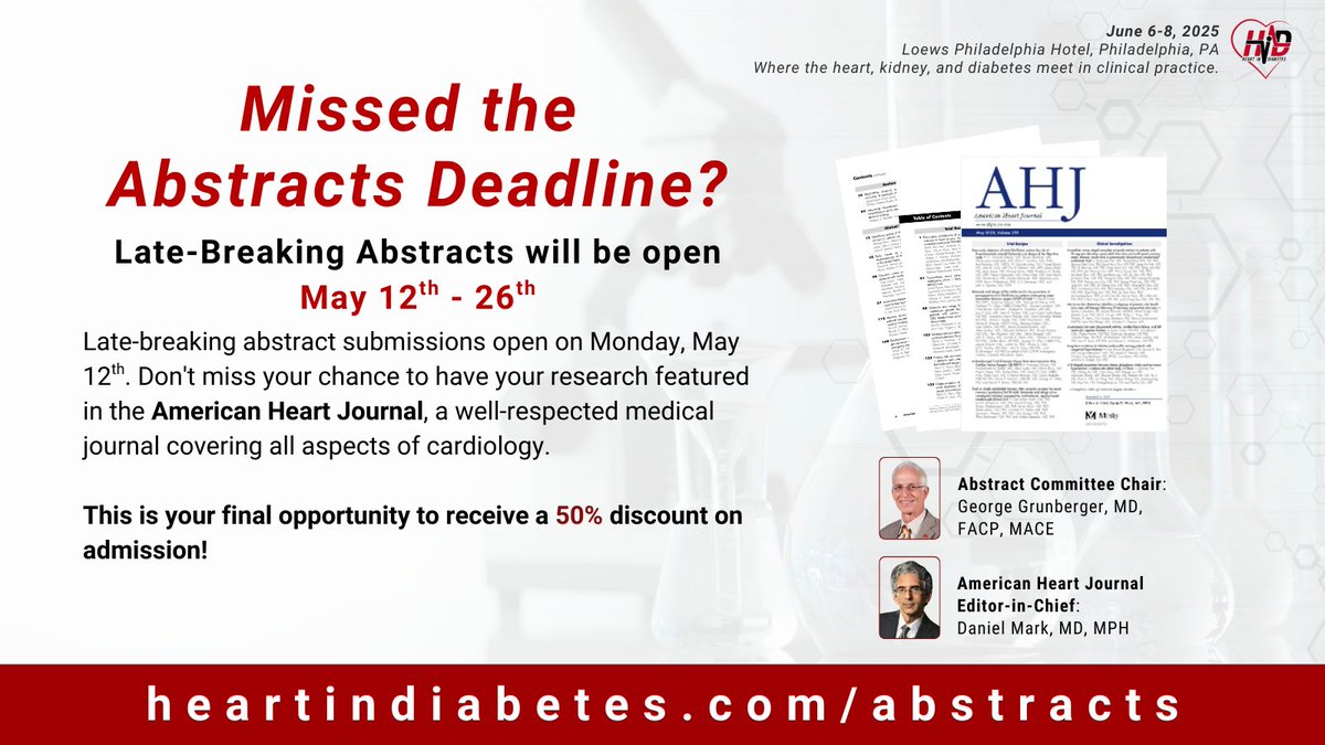 Heart in Diabetes π« (@heartindiabetes) on Twitter photo Stay tuned; late-breaking abstract submissions for the 9th Annual Heart in Diabetes will open on Monday, May 12th!
Don't miss your chance to have your research featured in the #AmericanHeartJournal! Visit heartindiabetes.com/abstracts to learn more.
#CME #HID25 #9HeartinDiabetes Stay tuned; late-breaking abstract submissions for the 9th Annual Heart in Diabetes will open on Monday, May 12th!
Don't miss your chance to have your research featured in the #AmericanHeartJournal! Visit heartindiabetes.com/abstracts to learn more.
#CME #HID25 #9HeartinDiabetes