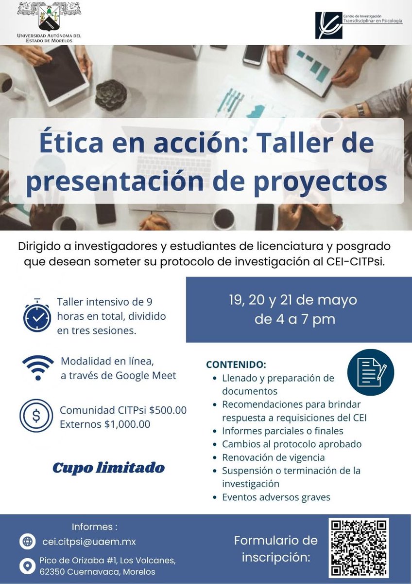citpsi's tweet photo. 🛎 Sé parte de la siguiente edición del taller organizado por nuestro Comité de Ética en Investigación.

💯Aprenderás cómo presentar proyectos de investigación para someterlo a aprobación de un Comité de Ética.

📅19, 20 y 21 de mayo

Más información 👇🏼

@prensauaem 
@uaemorelos https://t.co/nUajZvXQeM