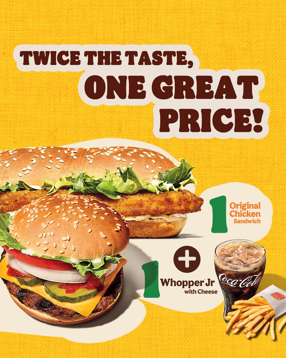 bkjamaica's tweet photo. Double up without breaking the bank! 

Get the best of both bites with Burger King’s King Double Combo — the flame-grilled Whopper Jr. and the crispy Original Chicken Sandwich.

More taste, more value, all in one royal deal.

#DoubleTheFlavor #KingOfValue #BestTastingBurgers https://t.co/1Zt7xgWjtJ