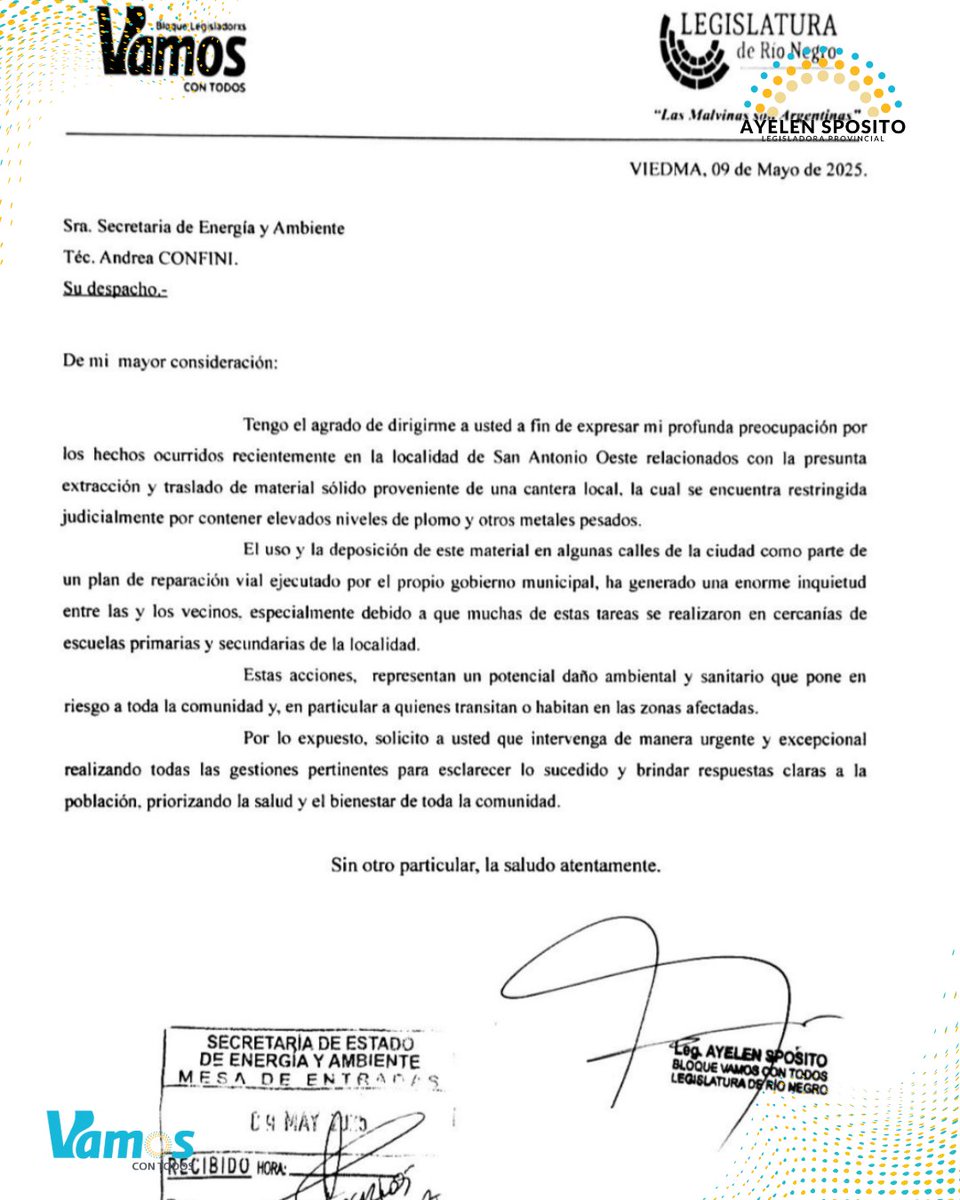 Hoy elevé una nota a la Secretaría de Energía y Ambiente de Río Negro por un posible riesgo ambiental en San Antonio Oeste: se habría trasladado material con plomo desde una cantera judicialmente restringida. Exigimos intervención urgente y respuestas claras.