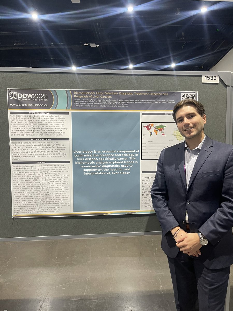 Thank you to everyone who came by and checked out my poster on bibliometric trends in Liver Biopsy research! 📊 🧐  I enjoyed sharing our findings about geographical distribution 🌎 keywords 🔑 and the journals 📝 publishing this research! 😊
#DDW #GITwitter