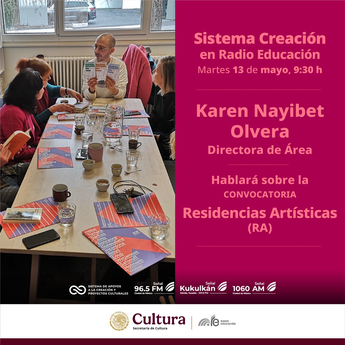 Sistema de Apoyos a la Creación (@sistemacreacion) on Twitter photo Ya fue publicada la convocatoria Residencias Artísticas (RA) 2025. ¡Entérate de cómo puedes participar en esta entrevista con <a href="/notisucasaRE/">SuCasaYOtrosViajes</a>!
Martes 13 de mayo, 9:30 h
<a href="/RadioEducacion/">Radio Educación</a> 96.5 FM y 1060 AM
Consulta la convocatoria en sistemacreacion.cultura.gob.mx
<a href="/cultura_mx/">Secretaría de Cultura</a> Ya fue publicada la convocatoria Residencias Artísticas (RA) 2025. ¡Entérate de cómo puedes participar en esta entrevista con <a href="/notisucasaRE/">SuCasaYOtrosViajes</a>!
Martes 13 de mayo, 9:30 h
<a href="/RadioEducacion/">Radio Educación</a> 96.5 FM y 1060 AM
Consulta la convocatoria en sistemacreacion.cultura.gob.mx
<a href="/cultura_mx/">Secretaría de Cultura</a>