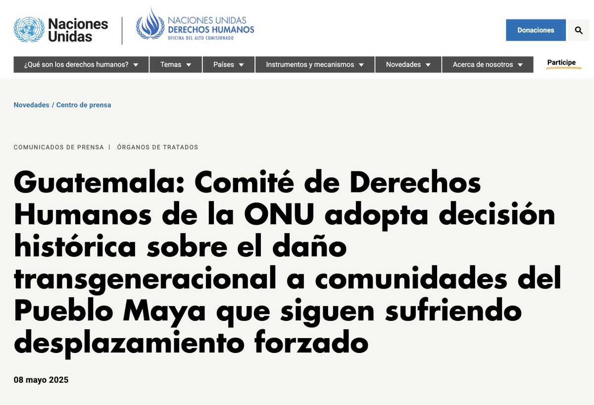 🚨 Guatemala, declarada responsable por la ONU por no cumplir acuerdos con comunidades mayas desplazadas.

📝 El Comité de Derechos Humanos de la <a href="/ONU_es/">Naciones Unidas</a>  concluyó que Guatemala violó los derechos de 269 personas de los pueblos Maya K'iche', Ixil y Kaqchikel, al no implementar