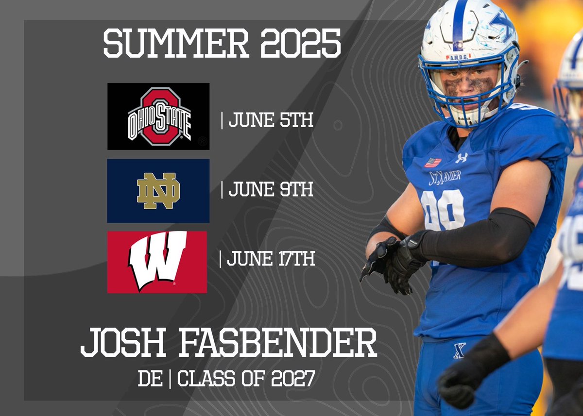 Josh Fasbender (@joshfasbender23) on Twitter photo My schedule for summer camps. Can’t wait to get out and compete at OSU, Notre Dame, and Wisconsin. Thanks for the invites <a href="/CoachWhit_UW/">E.J. Whitlow 🔴🦡⚪️</a> and <a href="/R2X_Rushmen1/">Larry A. Johnson</a>. <a href="/COACHSPECHT28/">Steve Specht</a> <a href="/RUNBYU/">COACH T, M.Ed., HSSCC, USAW,FMS</a> <a href="/Brodbeckj02/">Jake Brodbeck</a> <a href="/JaredLuginbill/">Jared Luginbill</a> <a href="/StXFB/">Bomber Football</a> <a href="/OhioStateFB/">Ohio State Football</a> <a href="/NDFootball/">Notre Dame Football</a> <a href="/BadgerFootball/">Wisconsin Football</a> <a href="/Wi_Recruiting/">Badger_Recruiting</a> My schedule for summer camps. Can’t wait to get out and compete at OSU, Notre Dame, and Wisconsin. Thanks for the invites <a href="/CoachWhit_UW/">E.J. Whitlow 🔴🦡⚪️</a> and <a href="/R2X_Rushmen1/">Larry A. Johnson</a>. <a href="/COACHSPECHT28/">Steve Specht</a> <a href="/RUNBYU/">COACH T, M.Ed., HSSCC, USAW,FMS</a> <a href="/Brodbeckj02/">Jake Brodbeck</a> <a href="/JaredLuginbill/">Jared Luginbill</a> <a href="/StXFB/">Bomber Football</a> <a href="/OhioStateFB/">Ohio State Football</a> <a href="/NDFootball/">Notre Dame Football</a> <a href="/BadgerFootball/">Wisconsin Football</a> <a href="/Wi_Recruiting/">Badger_Recruiting</a>