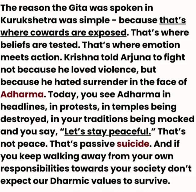 Sharmishta (@sharmishta__19) on Twitter photo Ye un sab logo ke lie hai, jo “neutral” or “peaceful” rehna chahte hai. Hindu dharm doosre dharm ke tarah nhi bolta ki yudh aaramb karo ya non-hinduo ko maro.. but once in war, you fight fiercely with morals and values and never give up! 
JAI HIND! 🇮🇳 Ye un sab logo ke lie hai, jo “neutral” or “peaceful” rehna chahte hai. Hindu dharm doosre dharm ke tarah nhi bolta ki yudh aaramb karo ya non-hinduo ko maro.. but once in war, you fight fiercely with morals and values and never give up! 
JAI HIND! 🇮🇳