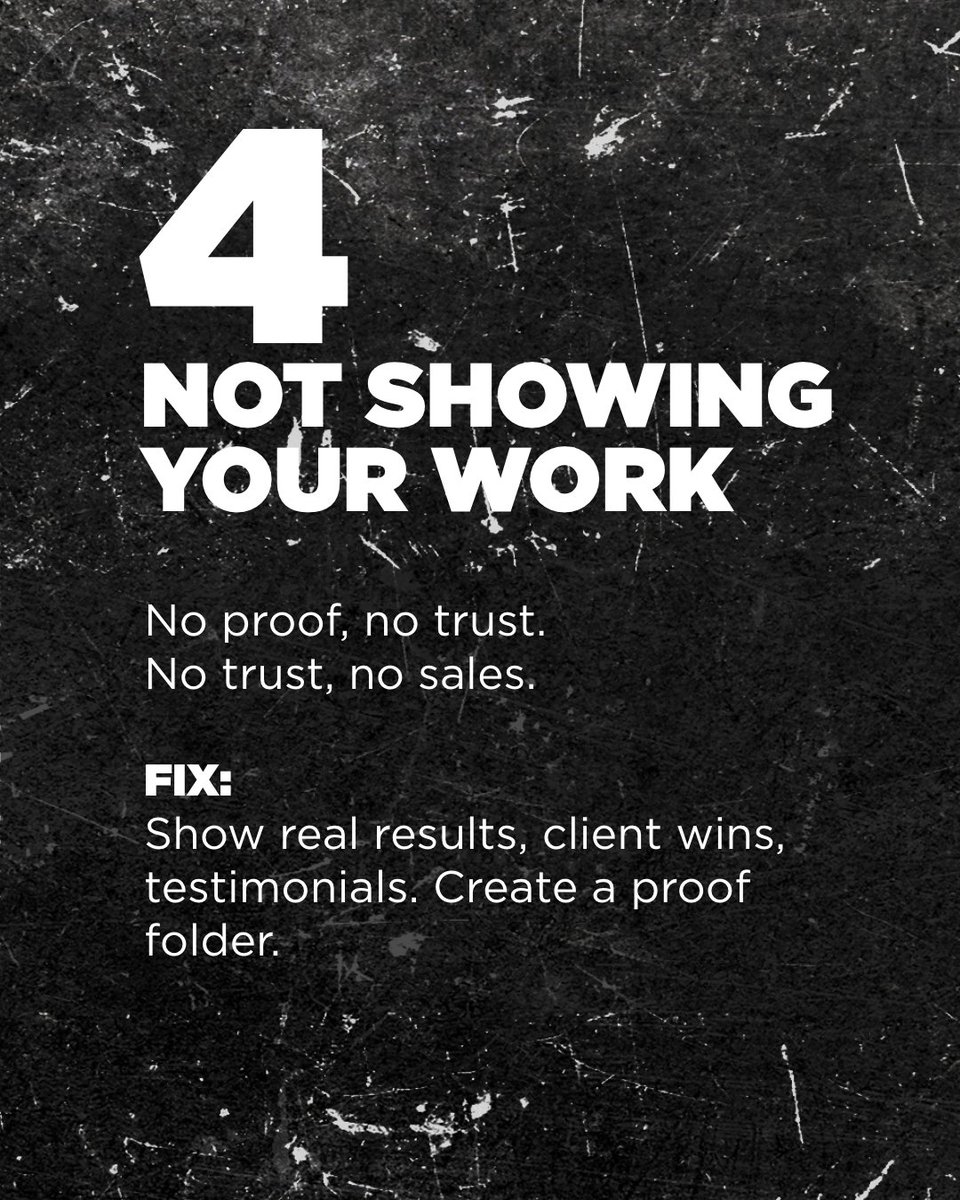 10 Things KIlling Your Brand

#4.

🕵️‍♂️ If you’re not showing your work, you’re relying on blind trust.
No case studies? No social proof? No conversions.
📥 Learn how to build your Proof Folder:
mediafarm.co.za/thank-you/?utm…

#10ThingsKillingYourBrand #branding #marketing