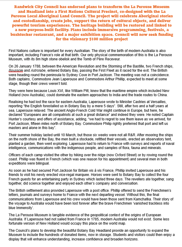 Save the La Perouse Museum at Botany Bay
                        in Sydney, Australia
which marks the location of the six-week visit by 
                 200 heroic Frenchmen in 1788
                        and witnessed the first
              Entente Cordiale in the Pacific