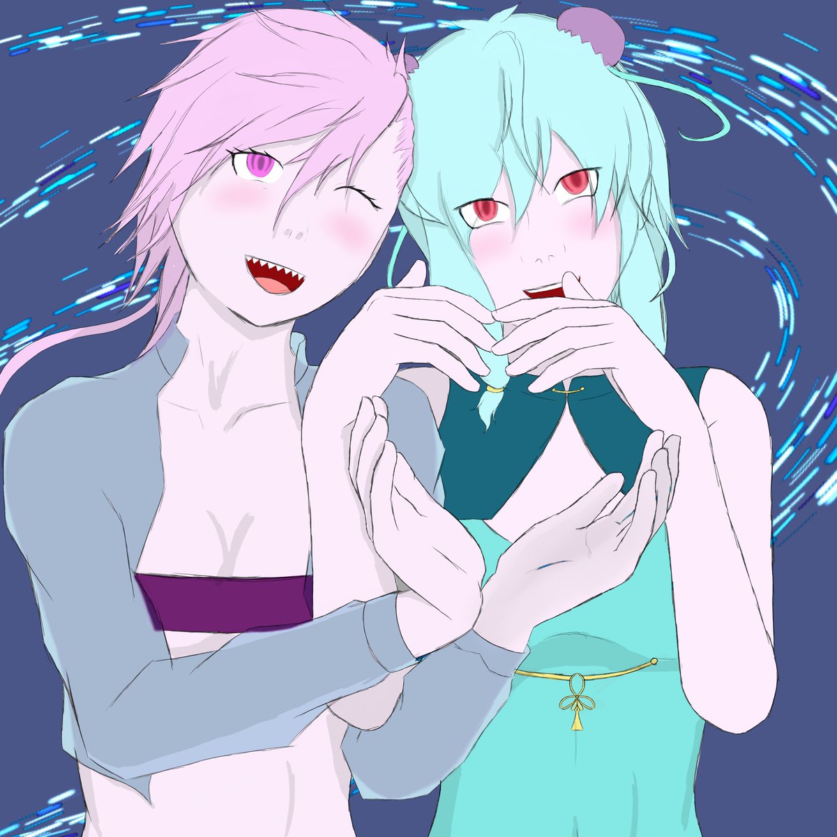 super rough quick sketch of Vtuber Miss Mona and her Evil twin <a href="/MissNomaVT/">MissNoma.bsky.social 🪼</a> for Noma's one day return to streaming! Maybe I'll go back to it one day and try to render it?