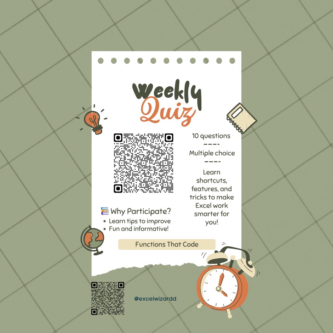 excelwizardd's tweet image. 🧠 Saturday Excel Quiz is here!

📌 Theme: Functions That Code

LET

LAMBDA

Smart shortcuts

TEXTAFTER logic

10 Questions
6 Minutes
15 Points
🎯 Take it now → forms.office.com/r/1aBuKp0LrU

@ExcelWizardd
#ExcelQuiz #ExcelLambda #ExcelTips #ExcelWizardd