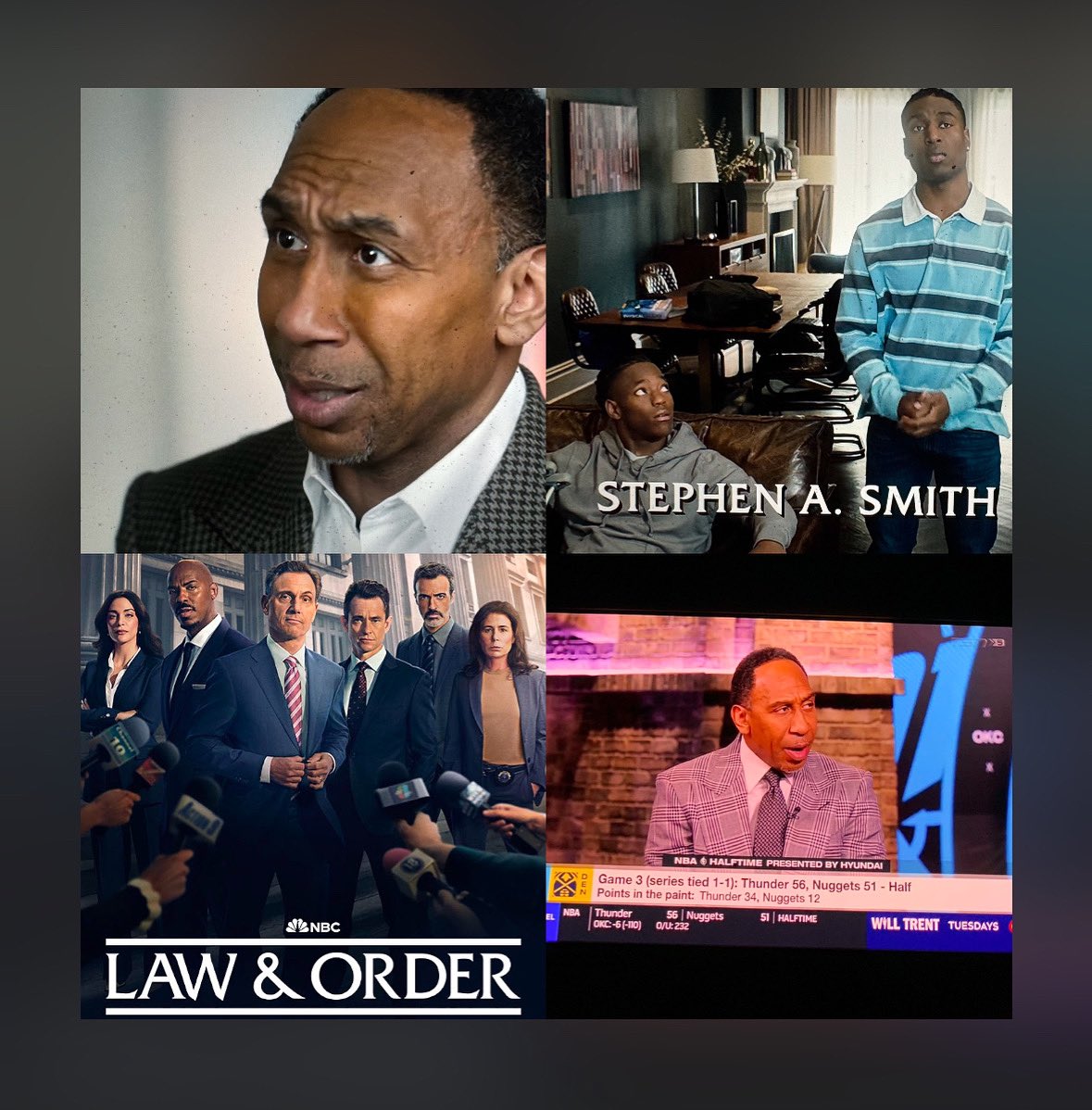 Damn even when I take a night off from watching <a href="/nba/">NBA</a> <a href="/stephenasmith/">Stephen A Smith</a> still shows up on my screen somehow 😂 too bad it didn’t last long <a href="/nbc/">NBC Entertainment</a> <a href="/nbclawandorder/">Law & Order</a> <a href="/TSN_Sports/">TSN</a> <a href="/CTV/">CTV</a> <a href="/City_tv/">Citytv+</a> #nba #nbaplayoffs <a href="/okcthunder/">OKC THUNDER</a> <a href="/nuggets/">Denver Nuggets</a> <a href="/nyknicks/">NEW YORK KNICKS</a> <a href="/celtics/">Boston Celtics</a> <a href="/warriors/">Golden State Warriors</a> <a href="/Timberwolves/">Minnesota Timberwolves</a> <a href="/cavs/">Cleveland Cavaliers</a> <a href="/Pacers/">Indiana Pacers</a>