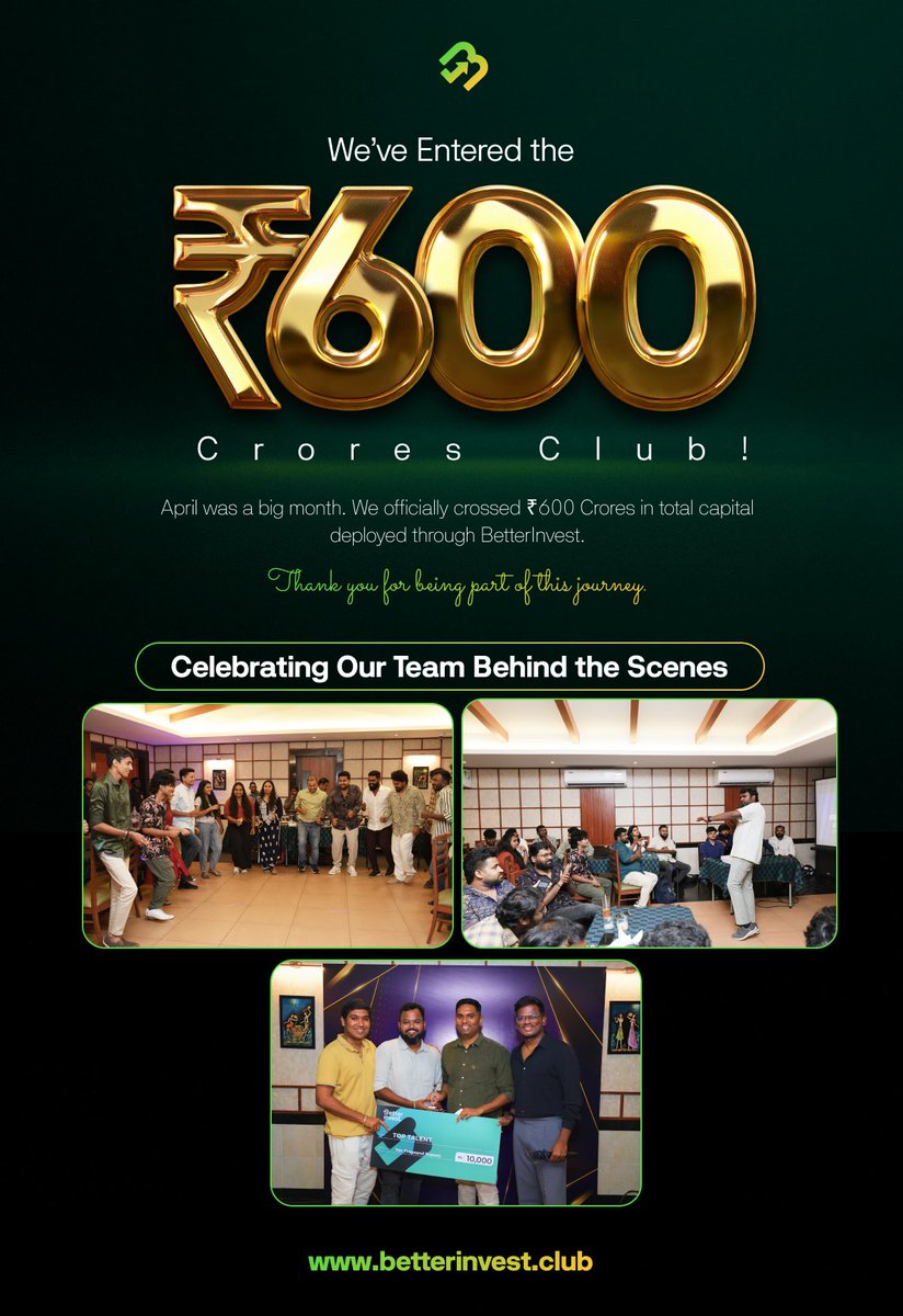 We reached ₹600 Crores in GTV! 🚀 

April was HUGE for BetterInvest. Not only did we hit this massive milestone, but we also threw a little celebration for the amazing team that makes it all happen. 

 Here’s to more milestones and good times ahead!   
#BetterInvest #600Crores