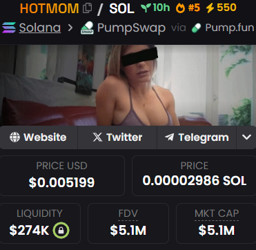 AlphaByMB's tweet image. ⚠️ Notice : HOTMOM/SOL hits $5.1M MC in hours on Pump.fun with $274K liquidity. No utility, anon devs, and no locked tokens classic rug pull setup. High risk, trade cautiously.