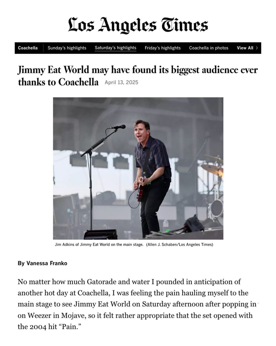 Live <a href="/coachella/">Coachella</a> 2025 x <a href="/jimmyeatworld/">Jimmy Eat World</a> reviews &amp; top picks of the festival- <a href="/billboard/">billboard</a> x <a href="/deadline/">Deadline</a> x <a href="/EW/">Entertainment Weekly</a> x <a href="/latimes/">Los Angeles Times</a>!🖤😎🌴☀️🎡

#jimmyeatworld #rocknroll #coachella #music #altrock #alternative #rock #music #losangeles #la #socal #indio #coachella2025 #kmpr