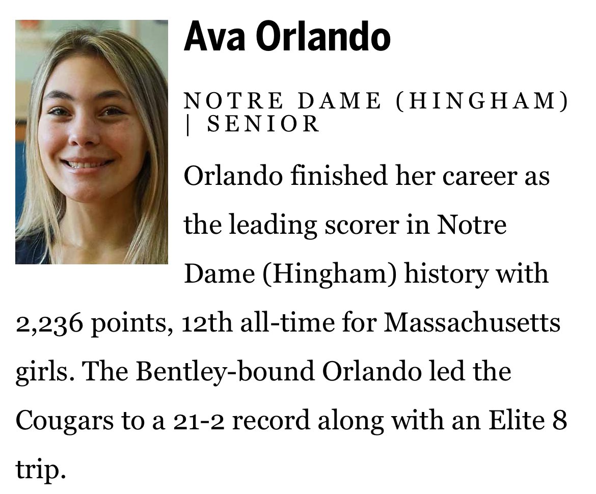 Notre Dame Academy Girls Hoops (@ndagirlshoops) on Twitter photo Congratulations to <a href="/AvaOrlando3/">Ava Orlando💯</a> on being named to the <a href="/GlobeSchools/">Boston Globe Schools</a> Super Team & Athlete of the Year! <a href="/TrevorHass/">Trevor Hass</a> <a href="/ndaathletics/">NDAHingham Athletics</a> <a href="/necrusaders/">New England Crusaders</a> <a href="/coachanniemac/">Ann McInerney</a> Congratulations to <a href="/AvaOrlando3/">Ava Orlando💯</a> on being named to the <a href="/GlobeSchools/">Boston Globe Schools</a> Super Team & Athlete of the Year! <a href="/TrevorHass/">Trevor Hass</a> <a href="/ndaathletics/">NDAHingham Athletics</a> <a href="/necrusaders/">New England Crusaders</a> <a href="/coachanniemac/">Ann McInerney</a>