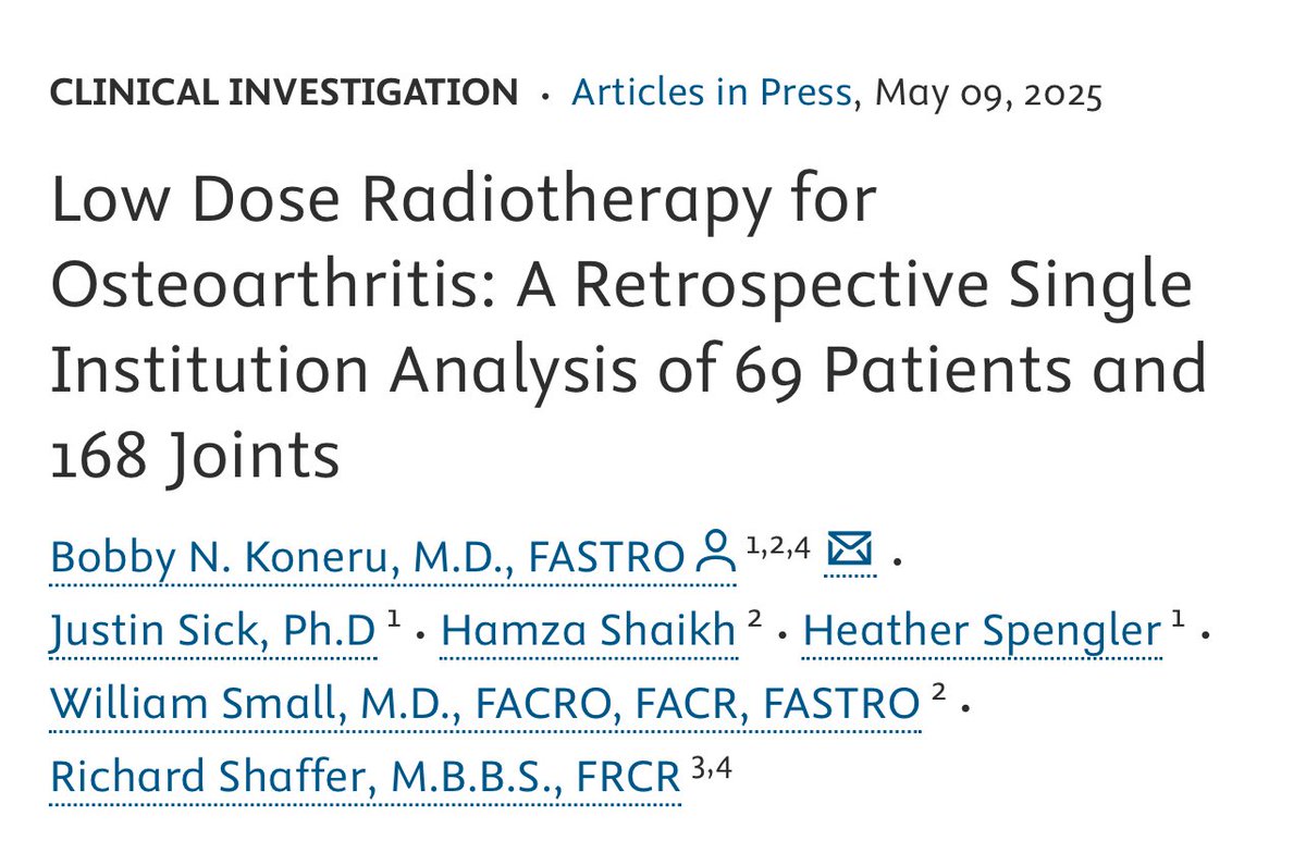 KoneruMd's tweet image. I’m excited to share that our publication of the first modern American case series for the treatment of Osteoarthritis (OA) with Low Dose Radiotherapy (LDRT) is now published and available online in the red journal.
The American patient population differs significantly from…