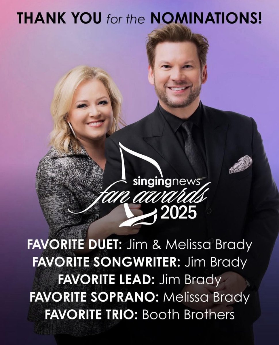 Thanks for the nominations. We appreciate all of you so much!

Voting for Top 5 Singing News Fan Awards ends May 14th! 
singingnews.com

Winners will be announced at the Fan Awards during NQC on September 24, 2025, in Pigeon Forge, TN.