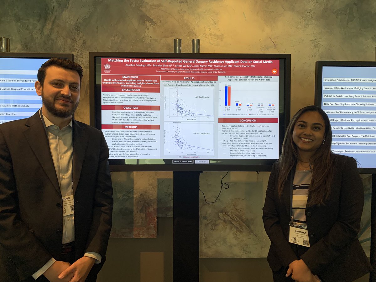 So proud of our resident <a href="/anushkapal12/">Anushka Paladugu</a> and her mentor <a href="/RhamiKhorfan/">Rhami Khorfan</a> on the work presented at #SEW2025 <a href="/Surg_Education/">Association for Surgical Education</a> <a href="/DrJukesNamm/">Jukes Namm</a> <a href="/DrSharonLum/">Sharon Lum MD MBA FACS</a> <a href="/LLUMedSchool/">Loma Linda University School of Medicine</a>. Applying for a graduate surgical training  program using non-standard resources can be useful to applicants!