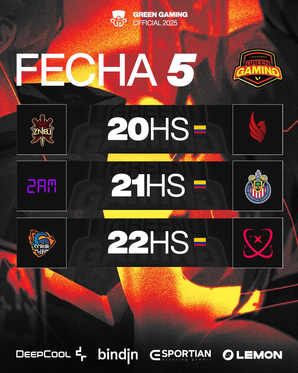 Green Gaming 🍀 (@ligagreengaming) on Twitter photo 🔴 ENFRENTAMIENTOS - FECHA 5 🔴
20:00 HRS - <a href="/znbuteam/">Zanbu Team</a> 🆚 <a href="/AB3_Esports/">AB3 ESPORTS</a>
21:00 HRS - <a href="/2AM_Esports/">2AM</a> 🆚 <a href="/esportsChivas/">Chivas esports</a>
22:00 HRS - <a href="/ScrubDivision/">The Scrub Division</a> 🆚 <a href="/NovaCrews/">NovaCrew</a>
🍀 Sigue la ACCIÓN en: twitch.tv/greengaming_tv
#GreenGaming #GreenGamingNorte 🔴 ENFRENTAMIENTOS - FECHA 5 🔴
20:00 HRS - <a href="/znbuteam/">Zanbu Team</a> 🆚 <a href="/AB3_Esports/">AB3 ESPORTS</a>
21:00 HRS - <a href="/2AM_Esports/">2AM</a> 🆚 <a href="/esportsChivas/">Chivas esports</a>
22:00 HRS - <a href="/ScrubDivision/">The Scrub Division</a> 🆚 <a href="/NovaCrews/">NovaCrew</a>
🍀 Sigue la ACCIÓN en: twitch.tv/greengaming_tv
#GreenGaming #GreenGamingNorte