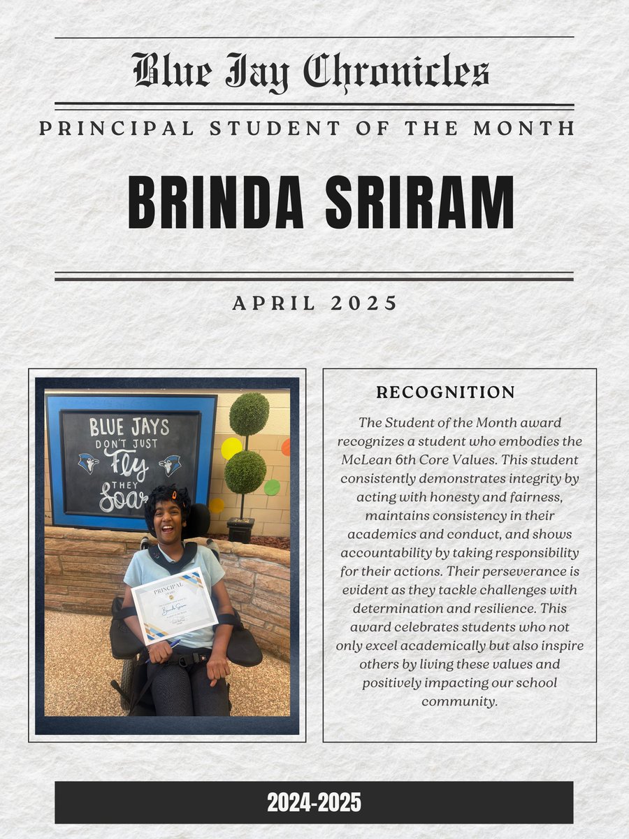 McLean 6th Grade Center (@mclean6fwisd) on Twitter photo 🌟 April Student of the Month 🌟
Shout-out to Brinda — a kind friend to all, dedicated student, and passionate artist! Your light shines bright, and we’re so proud of you! 🎨📚💖 #McLean6Proud #StudentOfTheMonth <a href="/KarilyCruz/">Karily Dean Cruz, M.A</a> 🌟 April Student of the Month 🌟
Shout-out to Brinda — a kind friend to all, dedicated student, and passionate artist! Your light shines bright, and we’re so proud of you! 🎨📚💖 #McLean6Proud #StudentOfTheMonth <a href="/KarilyCruz/">Karily Dean Cruz, M.A</a>