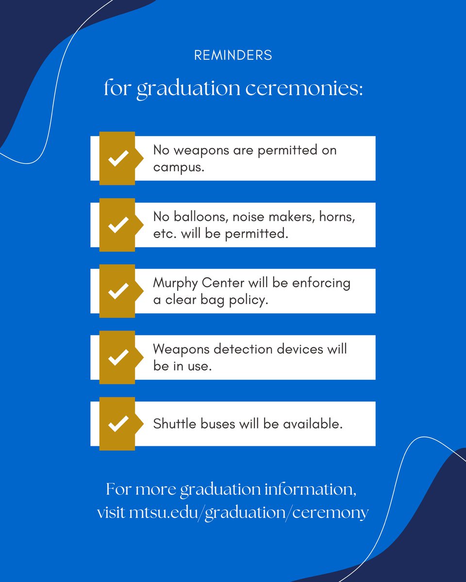 Congratulations graduates! Ahead of the rest of the ceremonies tomorrow, we wanted to share some important reminders. We thank you for your cooperation!

For more graduation information, you can visit mtsu.edu/graduation/cer…
.
.
.
#MTSU #Graduation #ClassOf2025