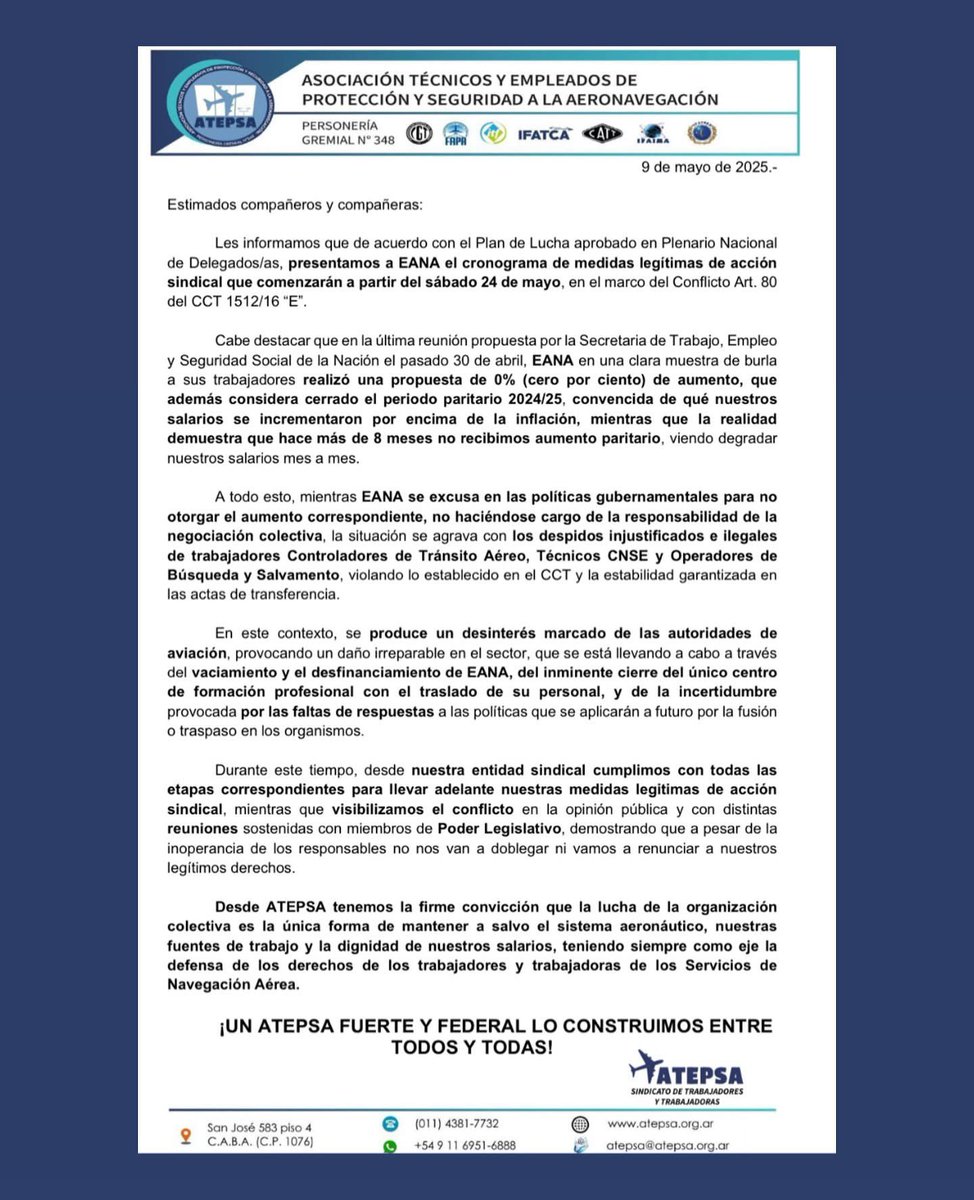 Hoy presentamos el cronograma de medidas sindicales a EANA, en el marco del conflicto abierto por la falta de aumentos paritarios, los despidos ilegales y el vaciamiento del sistema aeronáutico.

Con más de 8 meses sin actualización salarial y una propuesta del 0% por parte de la
