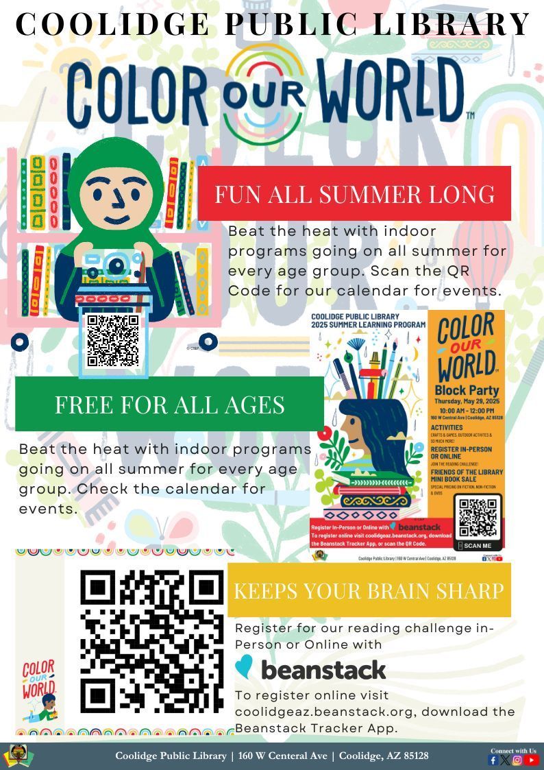 Bring the whole family to our Summer Learning Block Party on Thursday, May 29 from 10 AM–12 PM! We’ll have booths, fun activities for all ages, and a sneak peek at everything the library has planned for summer. Let’s Color Our World—together!