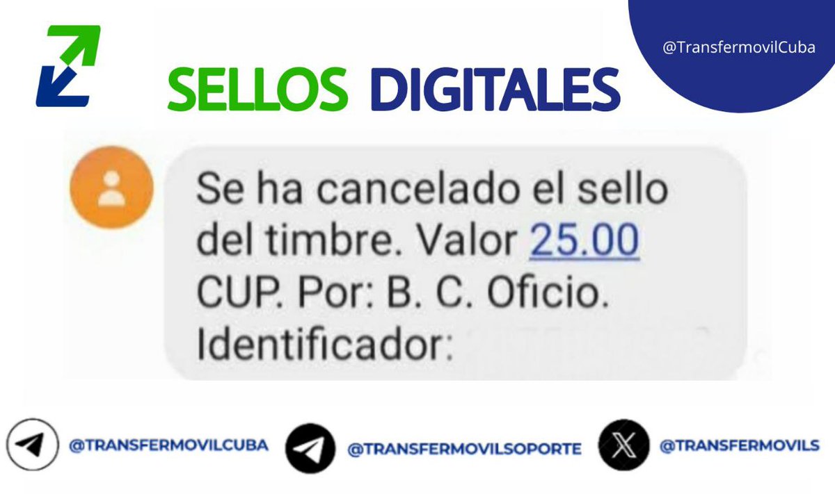 ℹ️ Si recibe un SMS 💬 similar a este, significa que usted compró con su número de teléfono un Sello del Timbre digital el que ha pasado al estado CANCELADO, debido a que se ha utilizado en el trámite solicitado.

Sellos del Timbre Digital, uno de los aportes de #Transfermóvil 🇨🇺