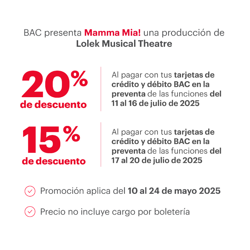 BACCredomaticSV's tweet photo. Mamma Mia! Una historia que combina amor, música y un destino inesperado. 🎤✨
🎟 Hasta 25% de descuento al comprar tus entradas con tarjetas BAC en https://t.co/HOClRWBQFJ o en Kiosco Smart Ticket en Galerías
Conoce más aquí: https://t.co/suifBGkpx2
#BACSimple