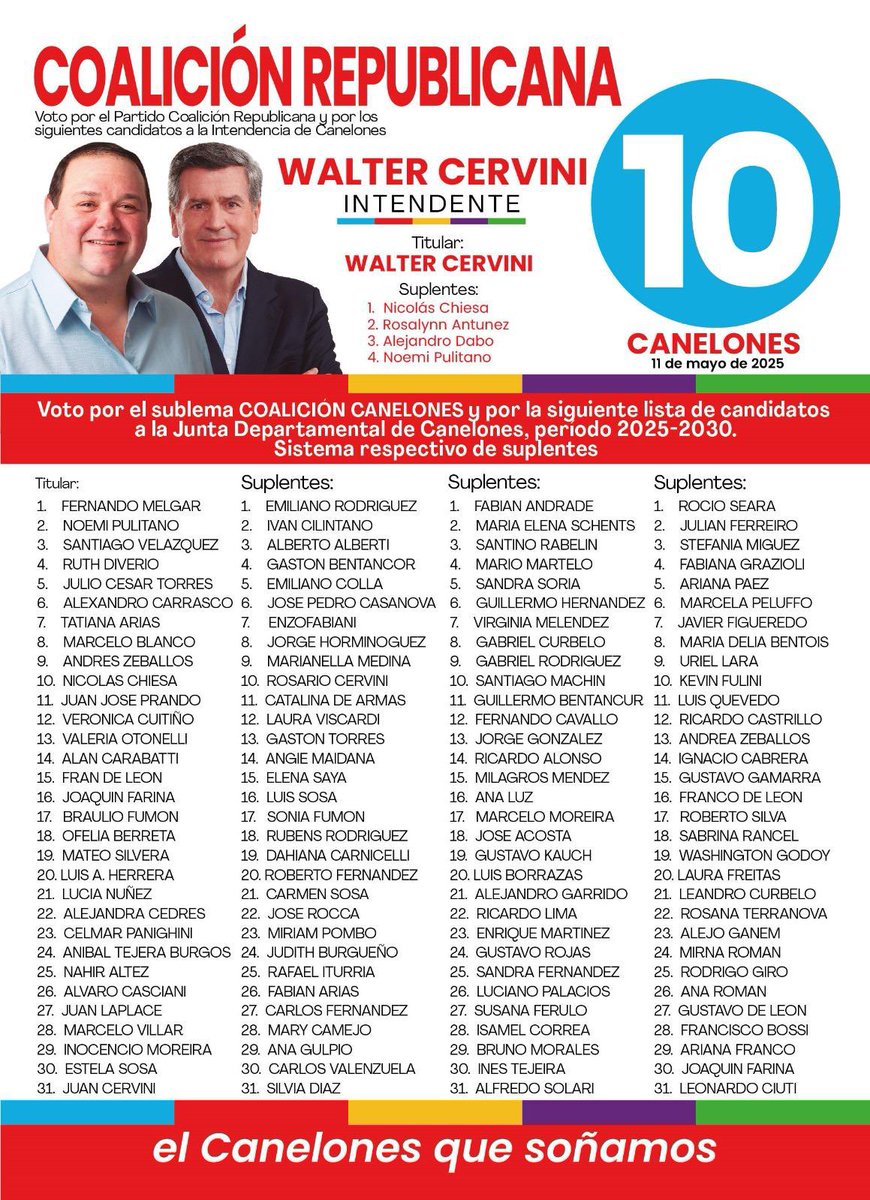 Este domingo en Canelones vamos con la 10. Vamos con <a href="/Wcervini/">Walter Cervini</a> Intendente ! 

Vamos con la convicción y los principios para trabajar por EL CANELONES QUE SOÑAMOS 🇺🇾