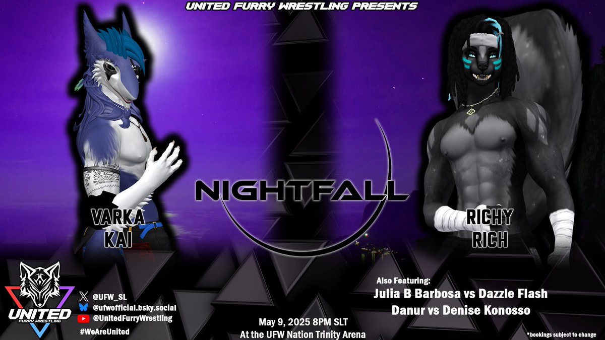 #UFW_Nightfall brings you LIVE wrestling action from the Trinity Arena @ 8 pm SLT!

JULIA B. BARBOSA faces DAZZLE FLASH!
DENISE KONOSSO takes on DANUR!

And your Main Event:

The Black Diamond RICHY RICH battles The Maori Warrior VARKA KAI!

#BeFEARLESS!

maps.secondlife.com/secondlife/UFW…