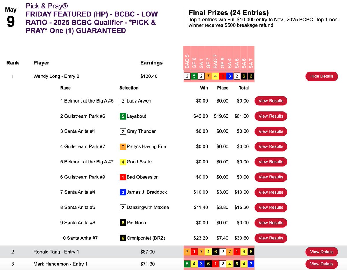 Wendy Long's four Friday winners including 23-1 Gulfstream race 6 victor Layabout. Long secured herself a $10,000 seat in today's BCBC Low Ratio qualifier at HorsePlayers.