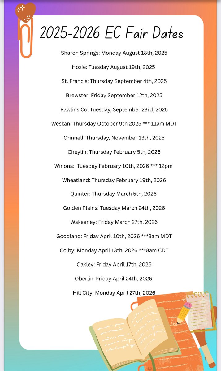 🚨📢It’s HERE!! 🚨📢
The dates for the 2025-2026 Early Childhood Fairs are here! Start time is 8:30am unless noted. Watch for more information when the dates get closer!