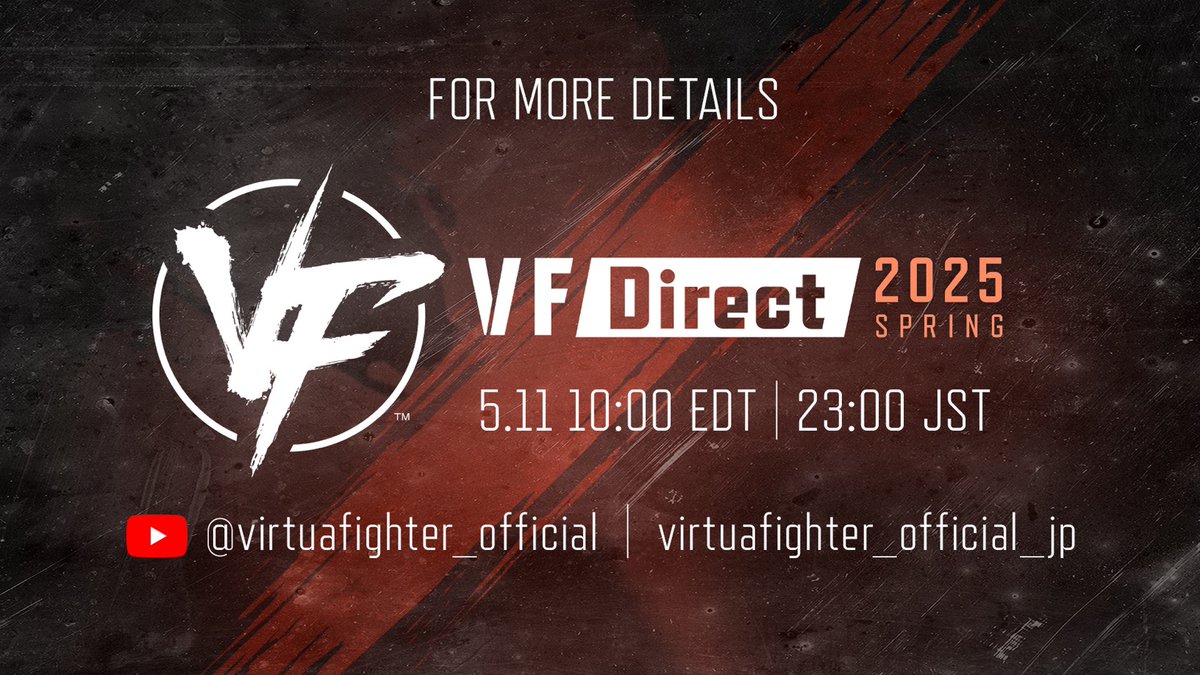 This Sunday May 11, at 10AM EDT, we will premiere the “VF Direct 2025 SPRING” broadcast worldwide to reveal new developments in the “Virtua Fighter” series.
The broadcast will be available for mirror streaming, so round up your friends and tap in
 
【English SUB】