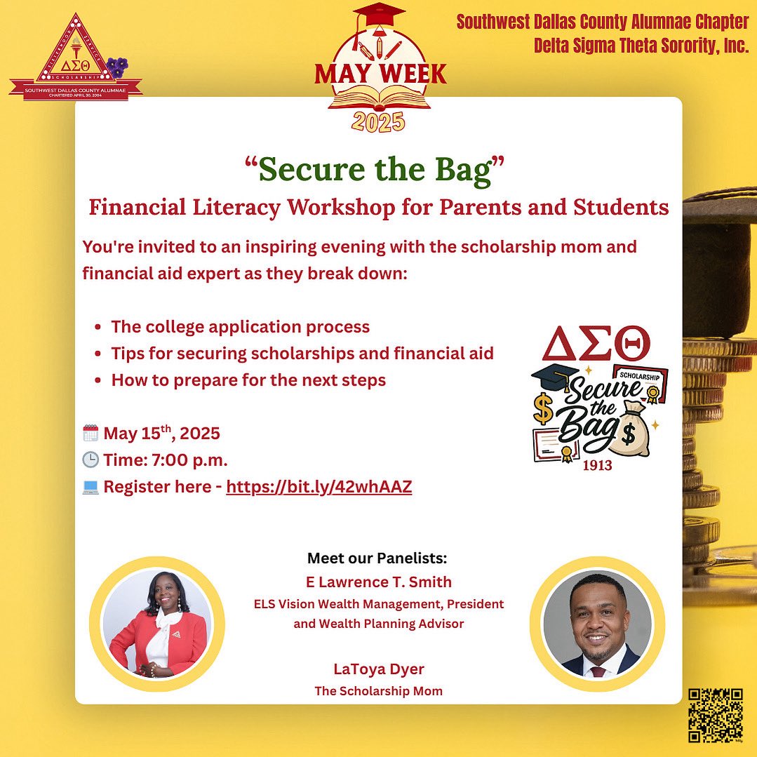 Join us May 15 at 7PM for a Financial Literacy Workshop! Learn tips on college apps, scholarships &amp; aid. Register now: bit.ly/42whAAZ