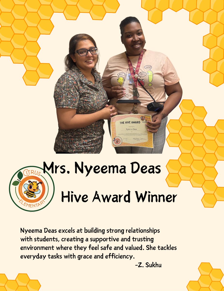 Citrus Elementary (@citruselem_ocps) on Twitter photo Congratulations to our Dean, Nyeema Deas who received this week's Hive Award! Thank you for all you do for Citrus! <a href="/CitrusElemPta/">CitrusElemPTA</a> <a href="/OCPSnews/">ocpsnews</a> <a href="/OCPS_PFE/">OCPS Parent and Family Engagement</a> Congratulations to our Dean, Nyeema Deas who received this week's Hive Award! Thank you for all you do for Citrus! <a href="/CitrusElemPta/">CitrusElemPTA</a> <a href="/OCPSnews/">ocpsnews</a> <a href="/OCPS_PFE/">OCPS Parent and Family Engagement</a>