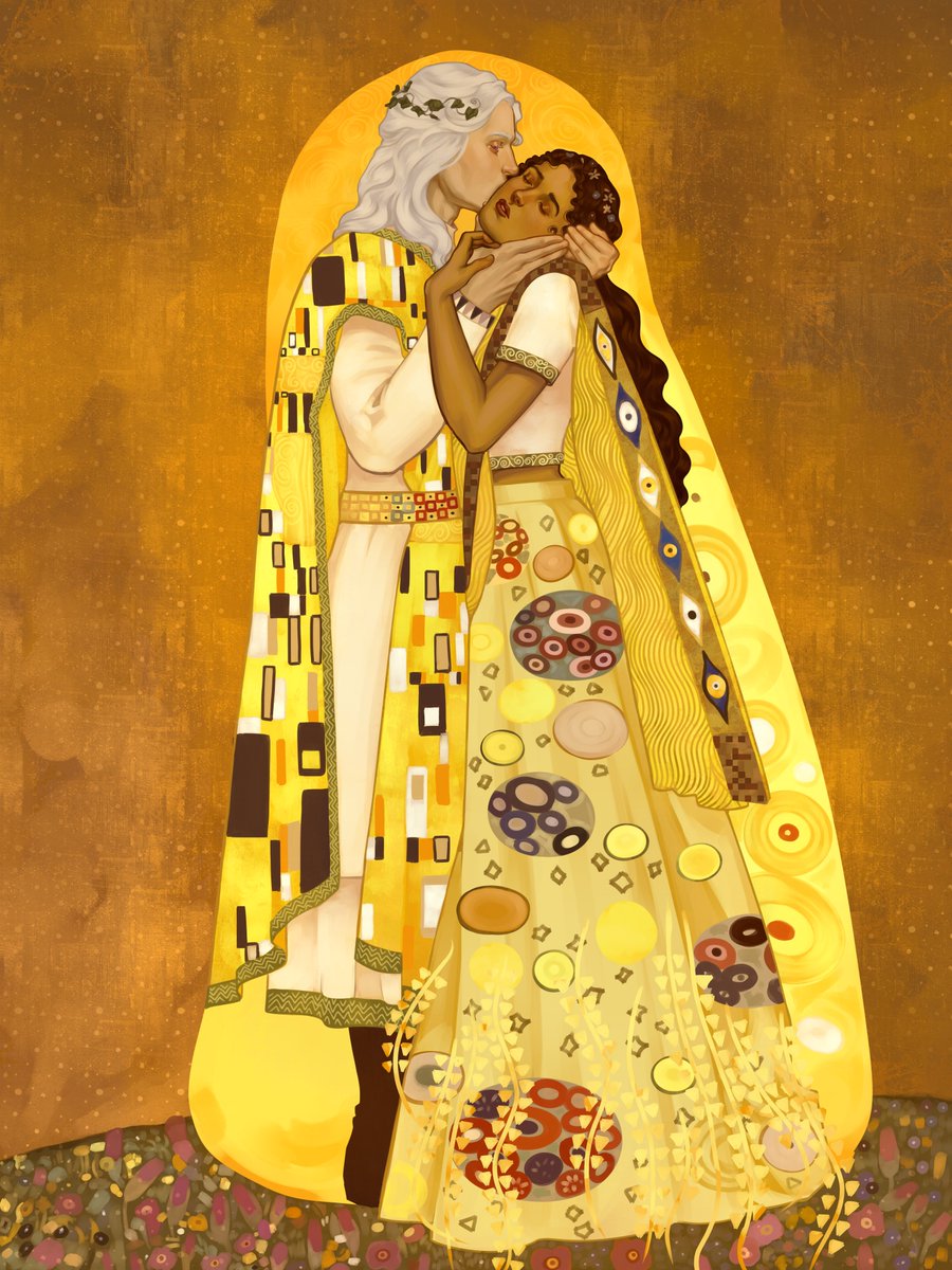 Zacckiell's tweet image. Rhaegar and Elia inspired by "The kiss" by Klimt
Commission for @SoLaLaii, thank you so much &lt;3
#Commission #GameOfThrones #ASOIAF