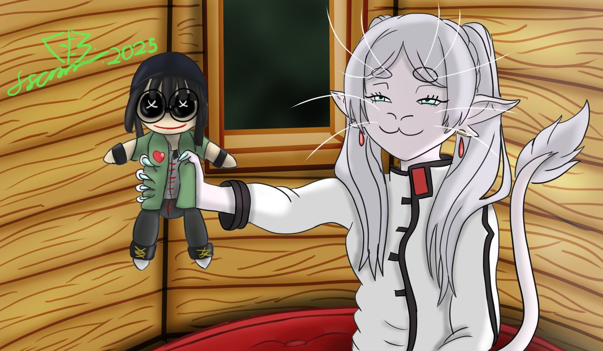 LordCrossburn's tweet image. Someone mentioned the Ariral on the poster looks like Frieren, so I was inspired.

#frieren #voicesofthevoid #votv #ariral #frierenbeyondendsjourney #frierenfanart #catgirl #horrorgame #alien #smug