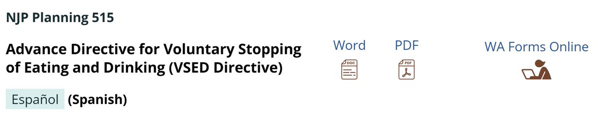ThaddeusPope's tweet image. Our #VSED #AdvanceDirective now in Spanish too Advance Directive for Voluntary Stopping of Eating and Drinking (VSED Directive) washingtonlawhelp.org/VSED