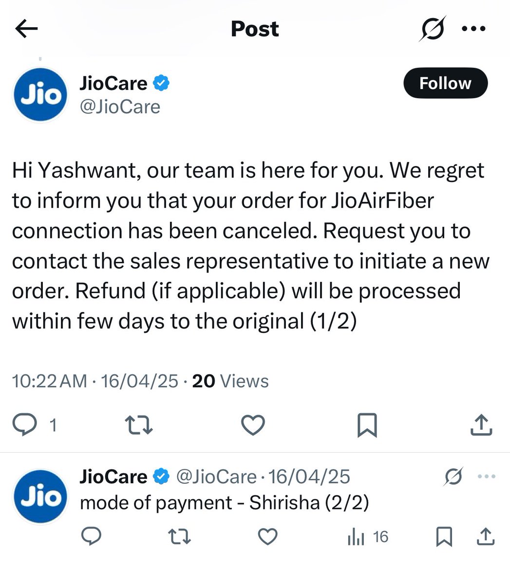 yashmech08's tweet photo. Any update @JIOAIRFIBERIN @JioCare @reliancejio 
Order I’d : NO00013M9QCA https://t.co/fFIQXm3gci