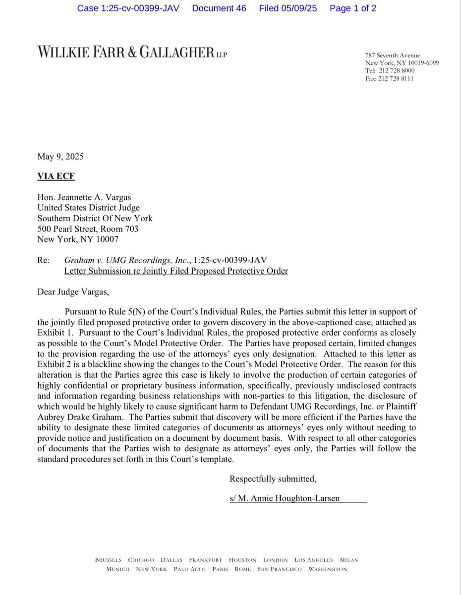 merchand_monet's tweet photo. .#PSA: #BreakingNewsAlert #ThisJustIn⌚️⏳#Drake V. #UMG #Update101
@UMG has filed a Protective Order to seal confidential evidence in the Drake litigation.
But here’s what they’re really afraid of…
They’re afraid of evidence.
The kind that doesn’t vanish with PR spins or midnight distractions.
They’re hiding control systems, sealed pacts, and the machinery of silence.
And the kicker?!? Is
They’re not asking to seal specific documents.
They want “blanket protection” meaning NO justification…
Because why or what’s really involved in there? (Those Contracts) 👀👌👌👌
& it Could fracture their façade… and CRACK the entire system.
Guilty As Charged, huh? 🤔
They said “eyes only”
So we opened the third 👁️ne. Now the whole truth’s being exposed.
#PrimarySourceFile
#DiscoveryDayComing
#NewLayersOfVisibility
#SignalTheTruth it’s not just breaking it’s broadcasting 📡🛰️