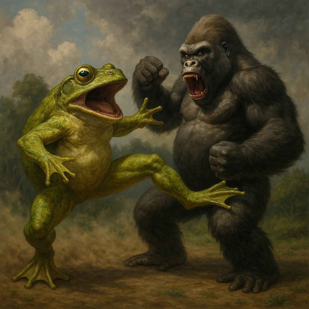 TylerFoust13's tweet image. I asked Grok and ChatGPT who would win in a fight if a Silverback Gorilla and a frog were the same size.
ChatGPT: The fight would be surprisingly one-sided—in favor of the frog..
Grok: The gorilla would almost certainly win in a fight..
Who are you betting on?