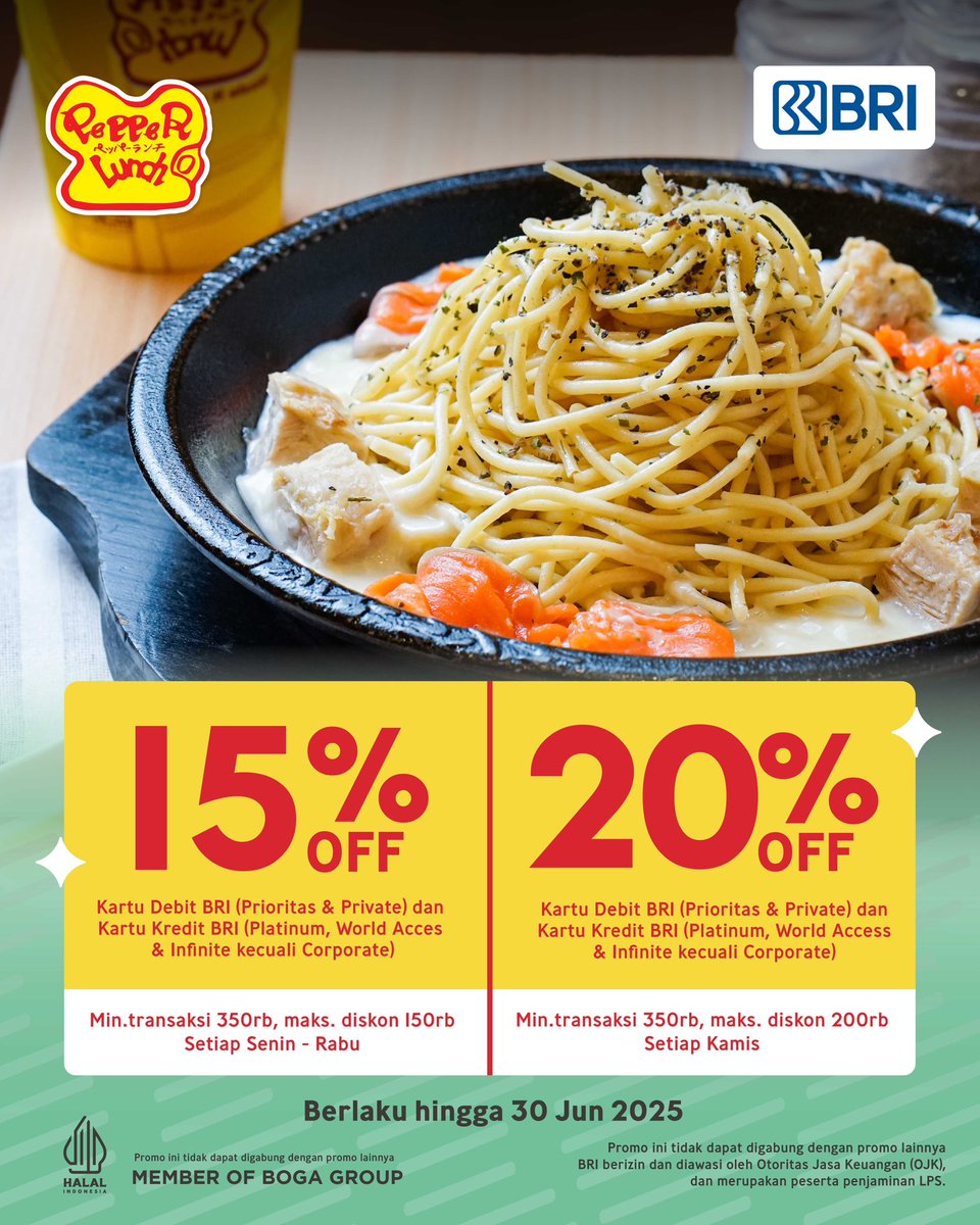 PepperLunchID's tweet image. Jadi lebih enak &amp;amp; tenang makannya kalau bertaburan promo gini 🤑✨

Tinggal pilih bank yang mana, untungnya banyak semua! 🥰

Yuk, ke Pepper Lunch terdekat!

#Promoterbarupepperlunch #Promobank #SteakhotplateJepang